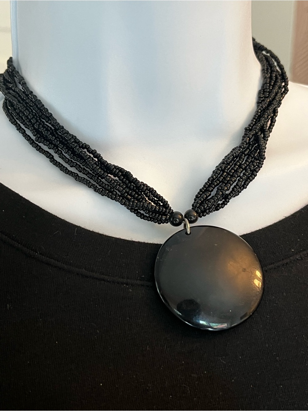 80s Black Multi-Strand Beaded Necklace with Round Plastic Pendant